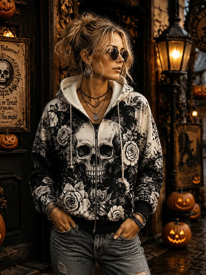 Women's Gothic Skull And Roses Graphic Zip-up Hoodie - Vintage Floral Bones Print Casual Jacket