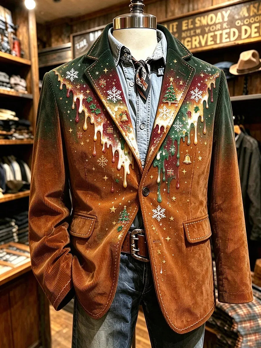 Men's Christmas Dripping Fluid Art Print Long Sleeve Corduroy Blazer
