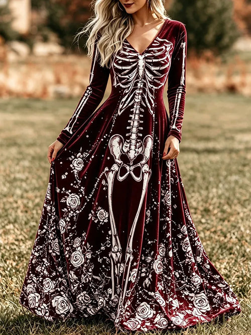 Women's Vintage Skeleton Roses Art Print V Neck Long Sleeve Velvet Maxi Dress