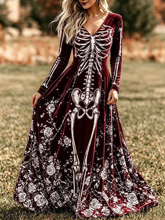 Women's Vintage Skeleton Roses Art Print V Neck Long Sleeve Velvet Maxi Dress