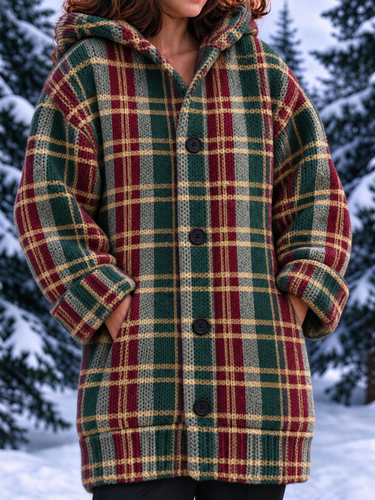 Women's Christmas Plaid Art Pattern Comfortable Long Cardigan