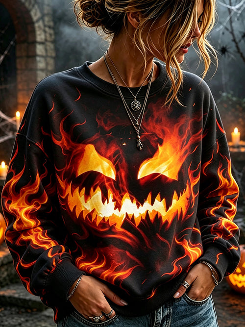 Women's Spooky Flaming Pumpkin Lantern Halloween Crew Neck Sweatshirt