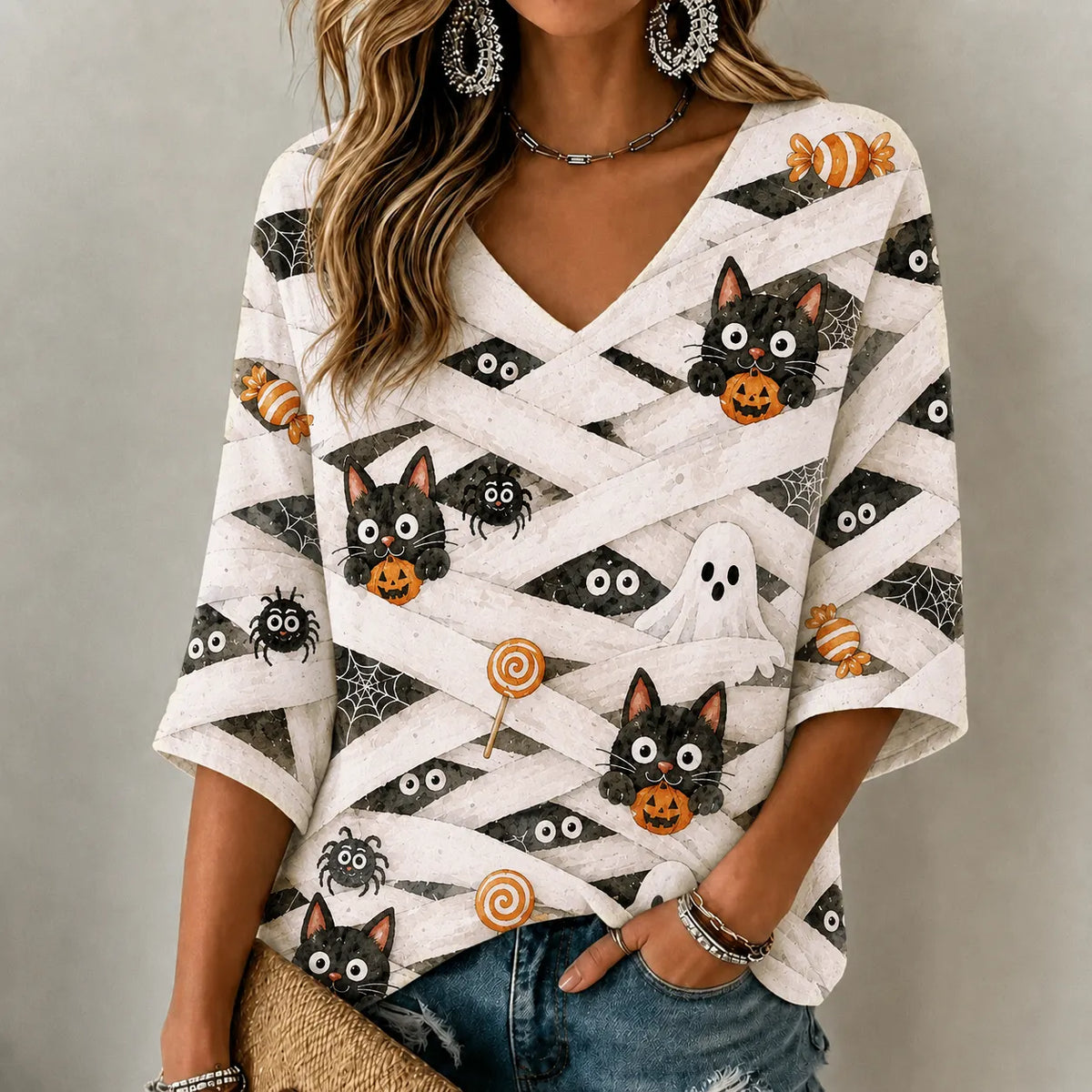 Women's Halloween Scary Pumpkin Face Cat Art Print Mid-length Sleeves V-neck T-shirt