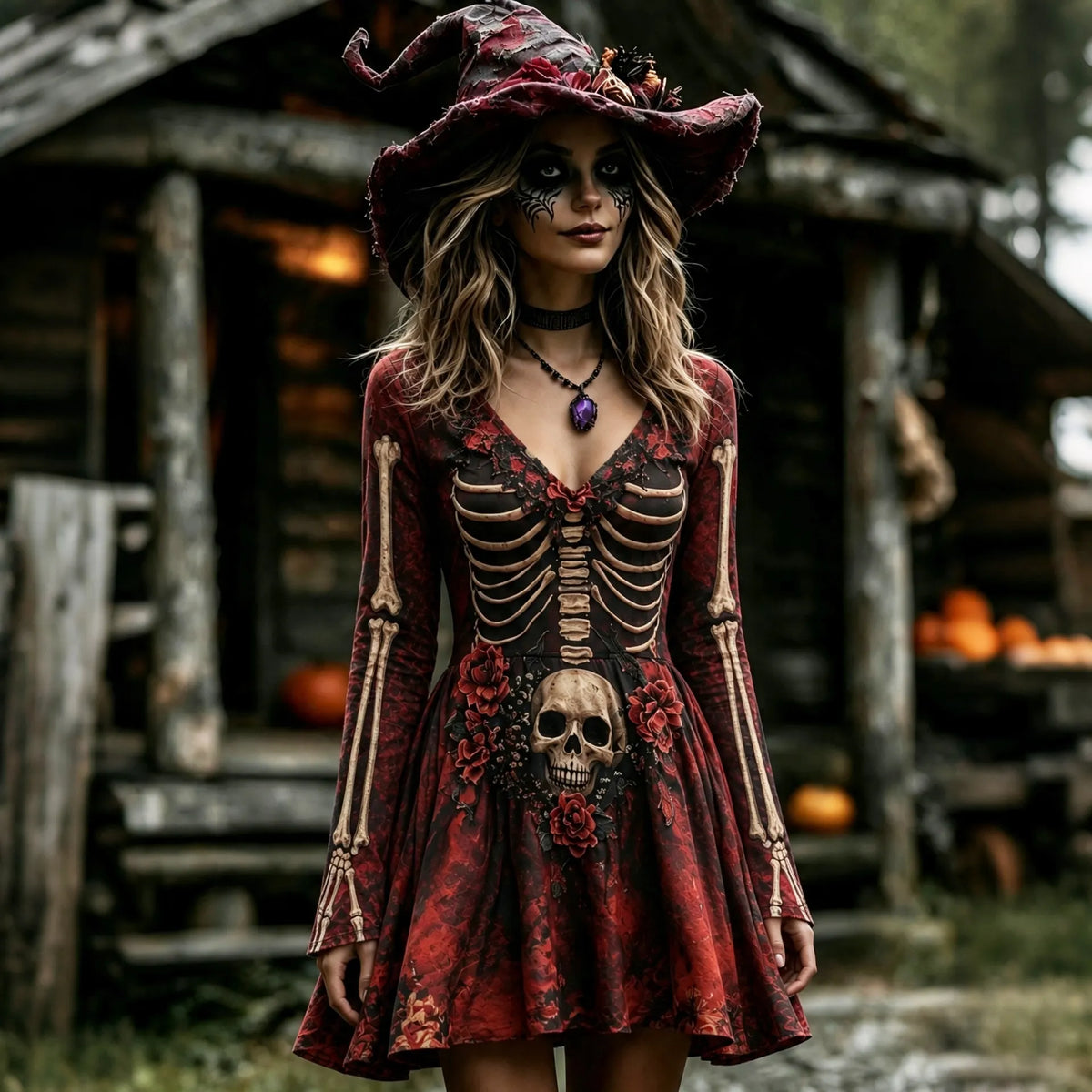 Women's Retro Halloween Skull And Floral Pattern Casual V Neck Mini Dress