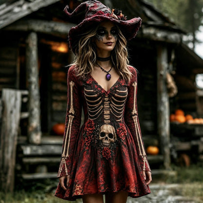 Women's Retro Halloween Skull And Floral Pattern Casual V Neck Mini Dress