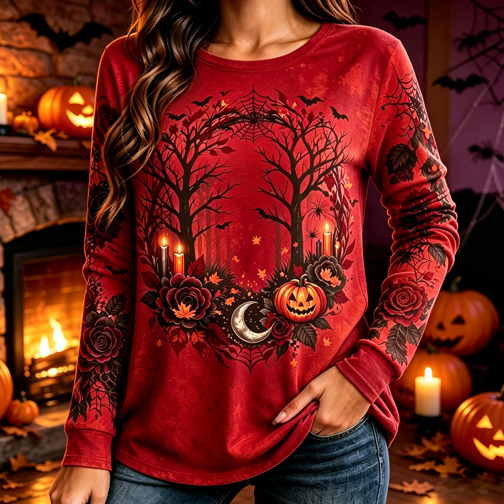 Women's Halloween Spooky Pumpkin And Rose Print Long-sleeve Casual Sweatshirt