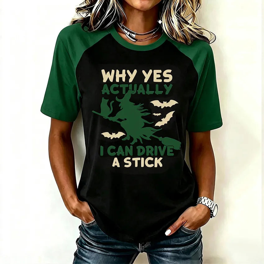 Women's Retro Halloween Theme Pattern I Can Drive A Stick Print Short-sleeve T-shirt
