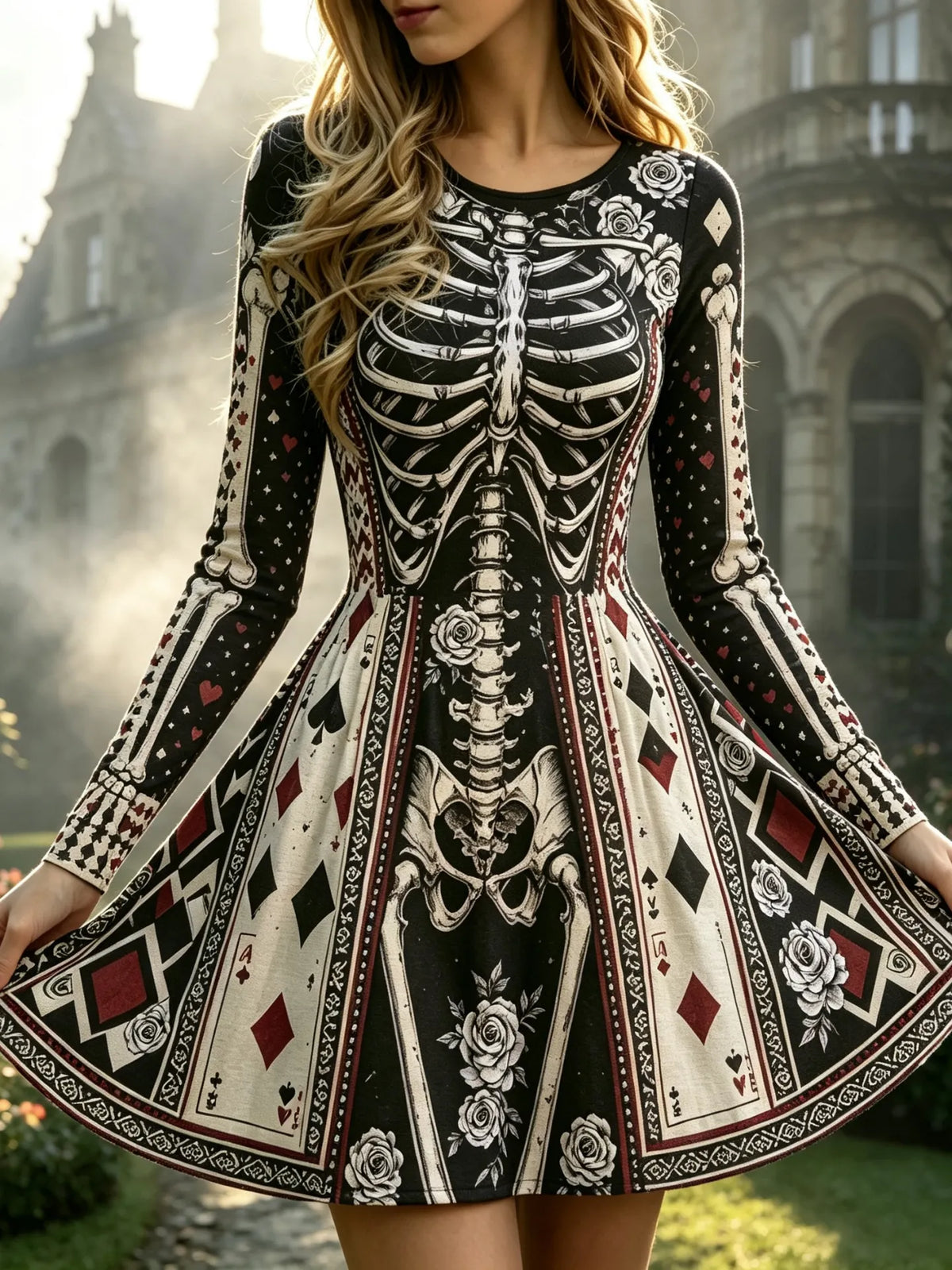 Women's Halloween Gothic Skeleton & Floral Poker Print Round Neck Mini Dress