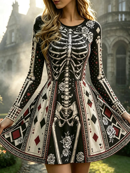 Women's Halloween Gothic Skeleton & Floral Poker Print Round Neck Mini Dress