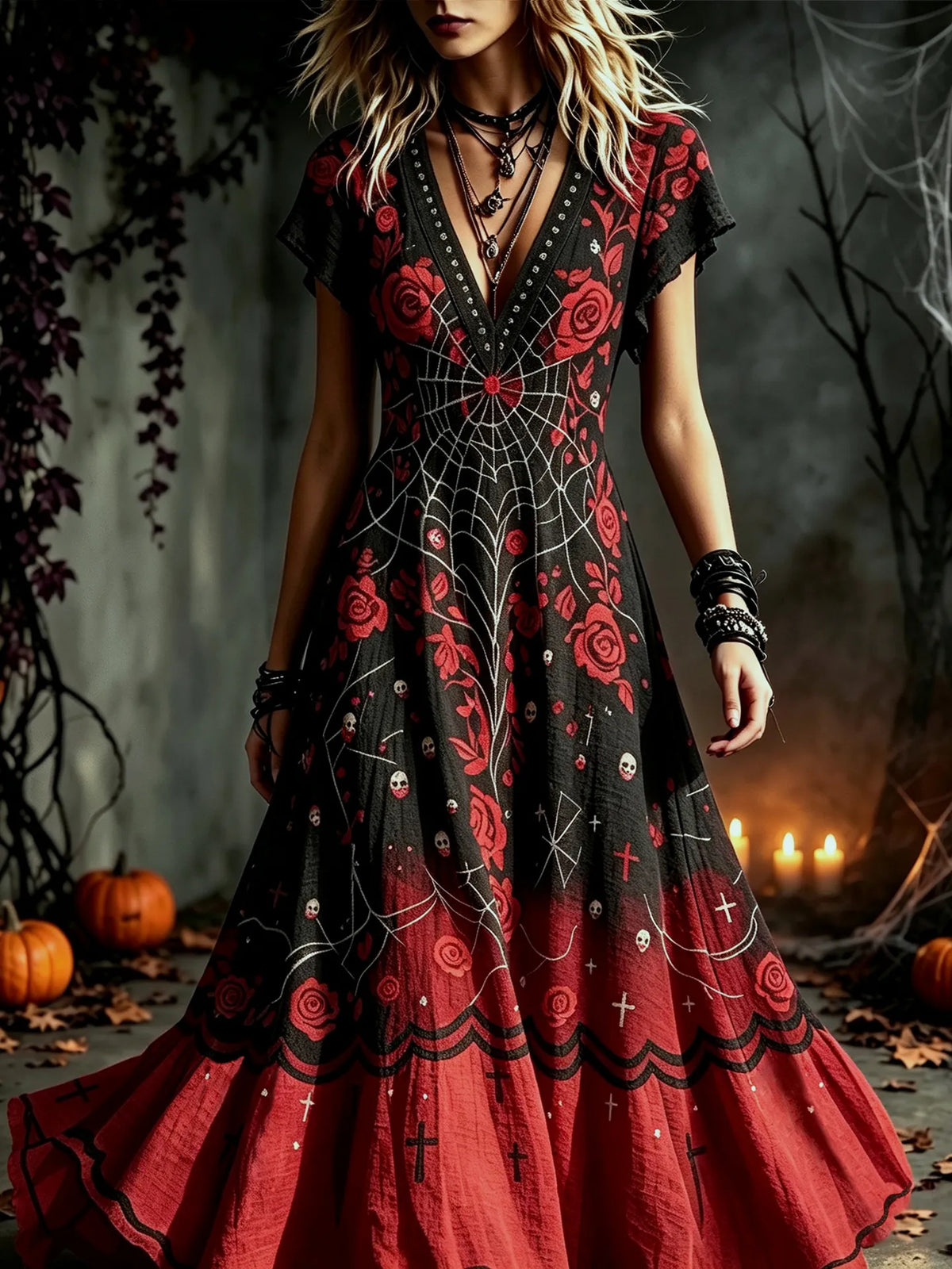 Women's Vintage Halloween Rose And Spiderweb Art V-neck Short Sleeve Maxi Dress