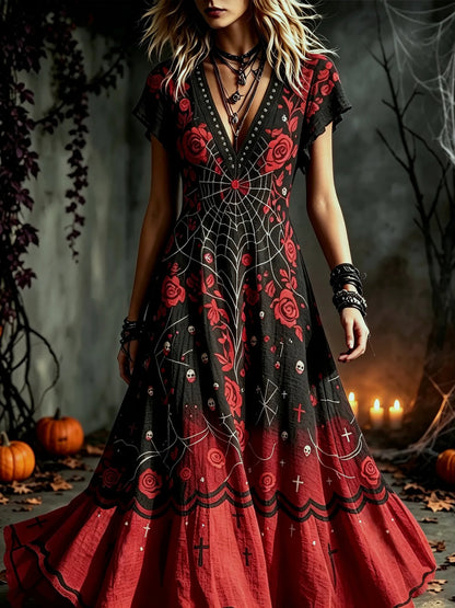 Women's Vintage Halloween Rose And Spiderweb Art V-neck Short Sleeve Maxi Dress
