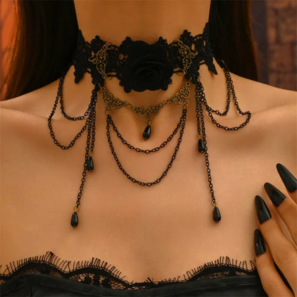 Vintage Gothic Black Rose Floral Lace Choker