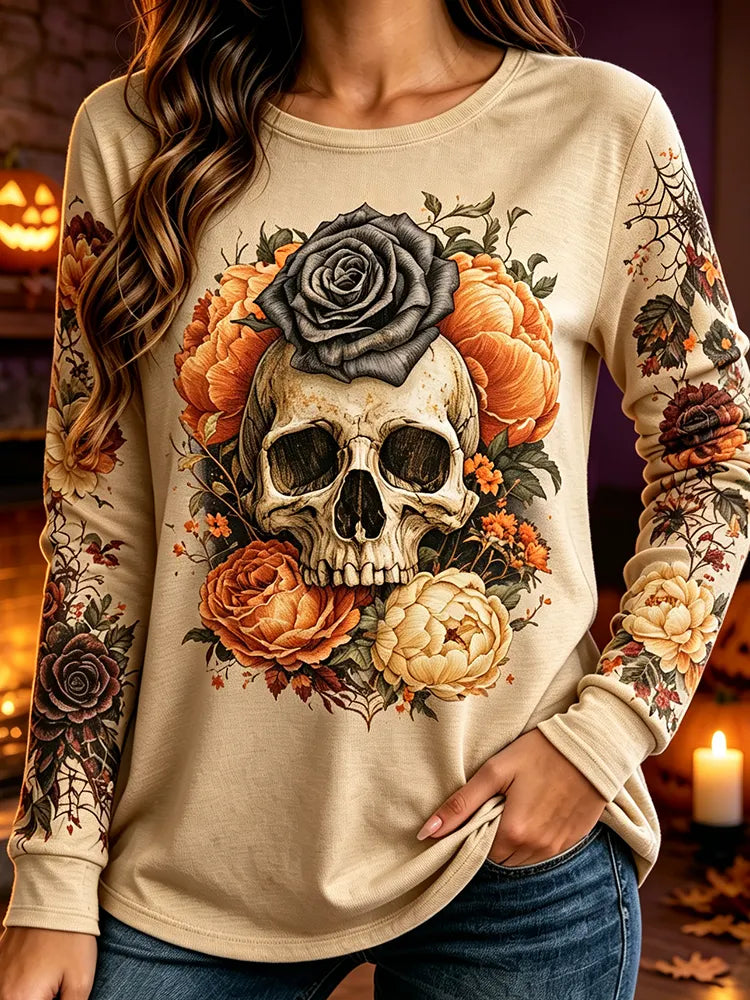 Women's Long-sleeve Crewneck Sweatshirt With Floral Skull And Vintage Rose Print