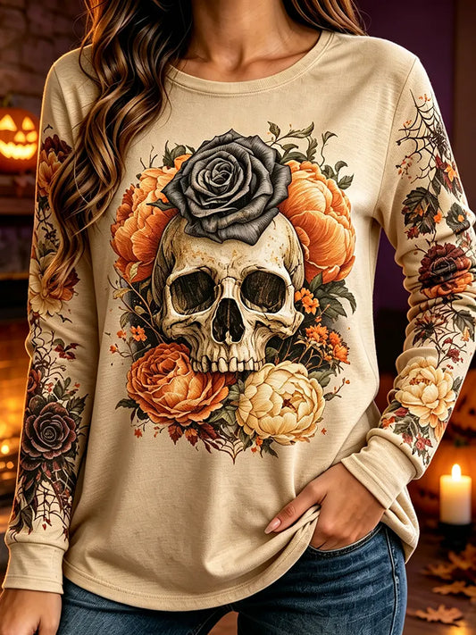 Women's Long-sleeve Crewneck Sweatshirt With Floral Skull And Vintage Rose Print