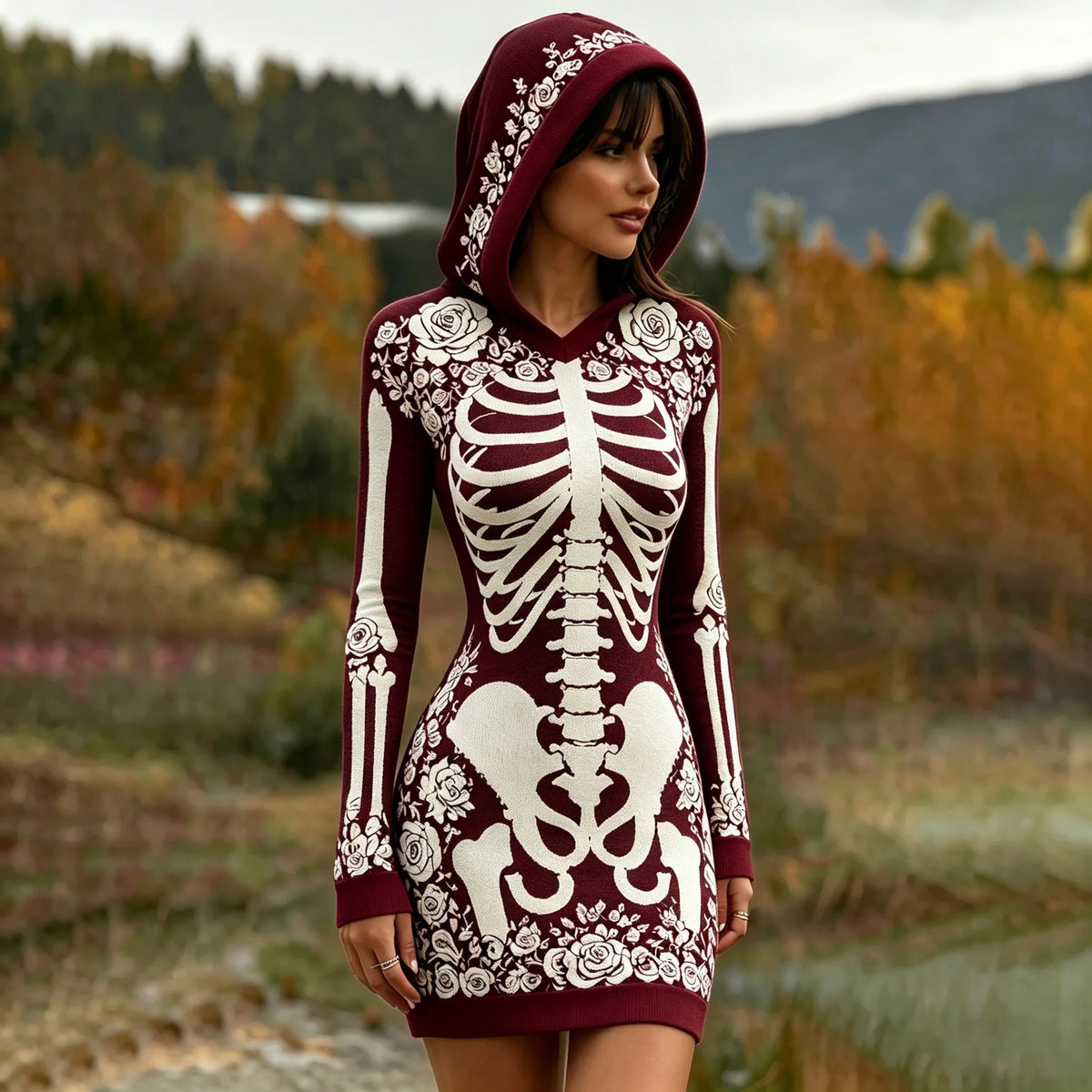 Women's Vintage Halloween Skeleton Bones With Rose Art Cozy Knit Hooded Sweater Dress