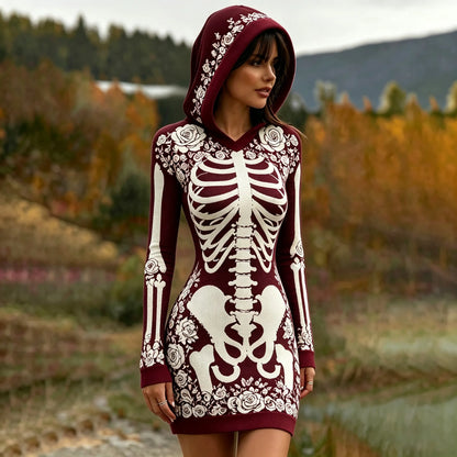 Women's Vintage Halloween Skeleton Bones With Rose Art Cozy Knit Hooded Sweater Dress
