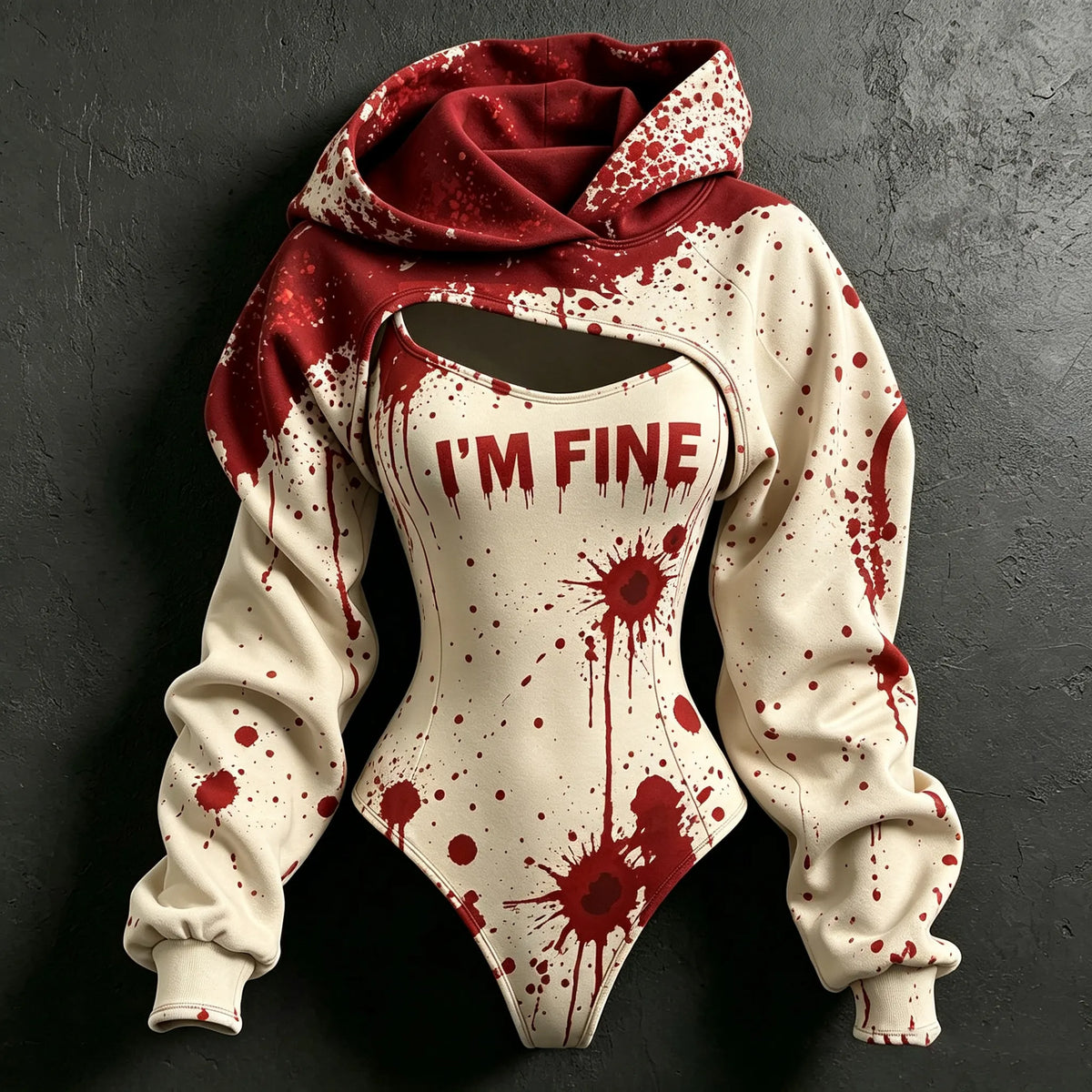 Women's Retro Halloween Bloodstain I'm Fine Print Hoodie Two-piece Set