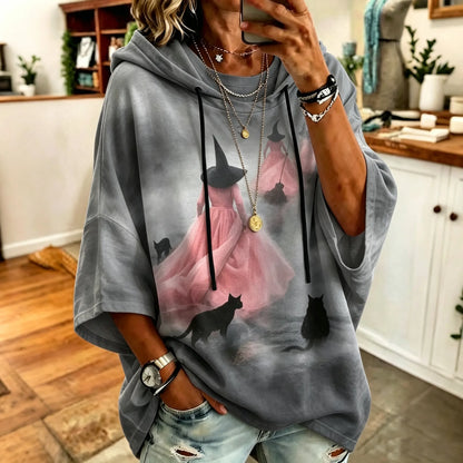 Women's Retro Halloween Printed Casual Mid-sleeve Hooded Sweatshirt