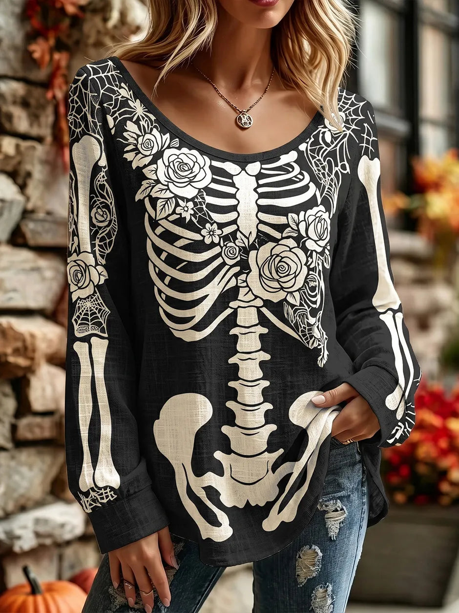 Women's Vintage Skeleton Rose Floral Art Long Sleeve T-shirt