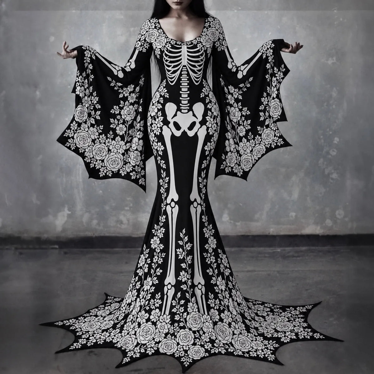 Women's Gothic Skeleton With White Roses Batwing Flare Sleeve Round Neck Bodycon Maxi Dress – Halloween Costume