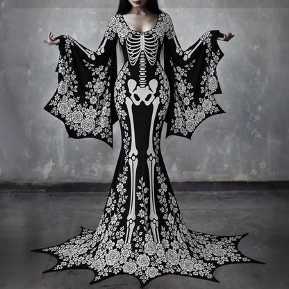 Women's Gothic Skeleton With White Roses Batwing Flare Sleeve Round Neck Bodycon Maxi Dress – Halloween Costume
