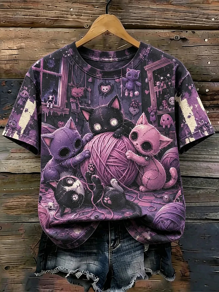 Women's Gothic Retro Distressed Purple Halloween Kitten Doll Print T-shirt