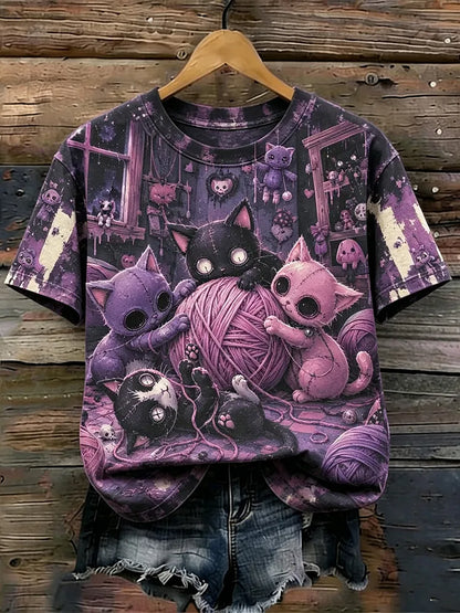 Women's Gothic Retro Distressed Purple Halloween Kitten Doll Print T-shirt