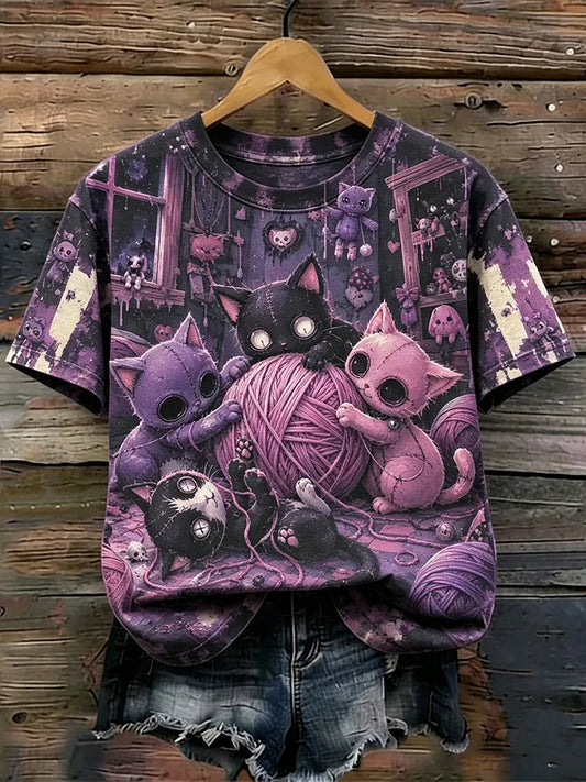 Women's Gothic Retro Distressed Purple Halloween Kitten Doll Print T-shirt