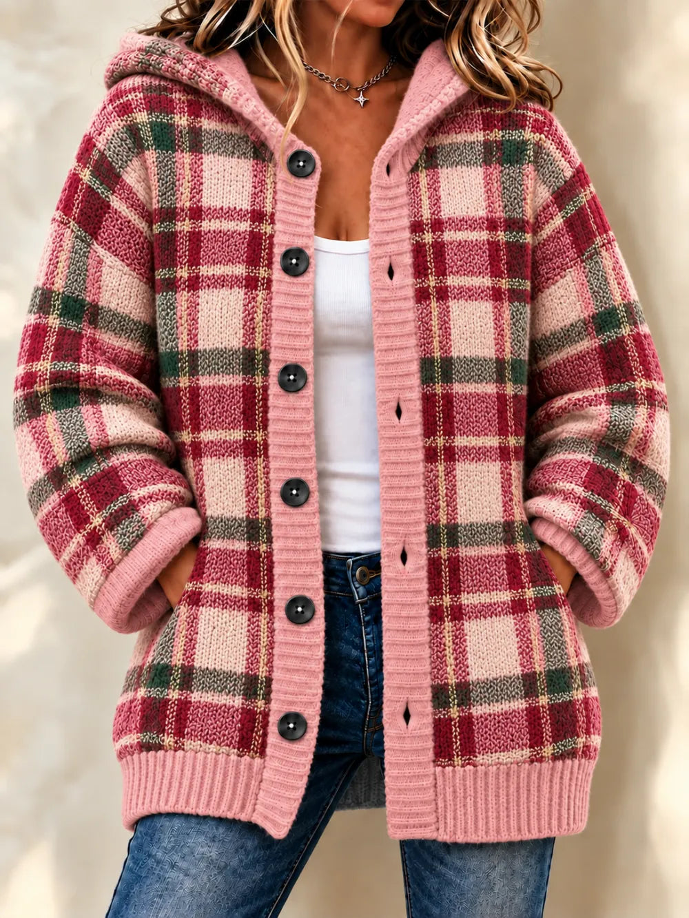 Women'S Grid Casual Hooded Long Cardigan