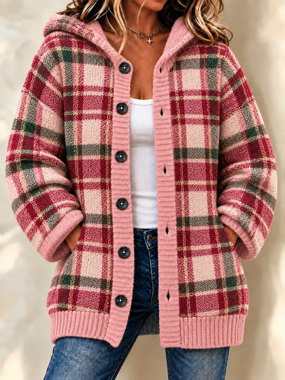 Women'S Grid Casual Hooded Long Cardigan