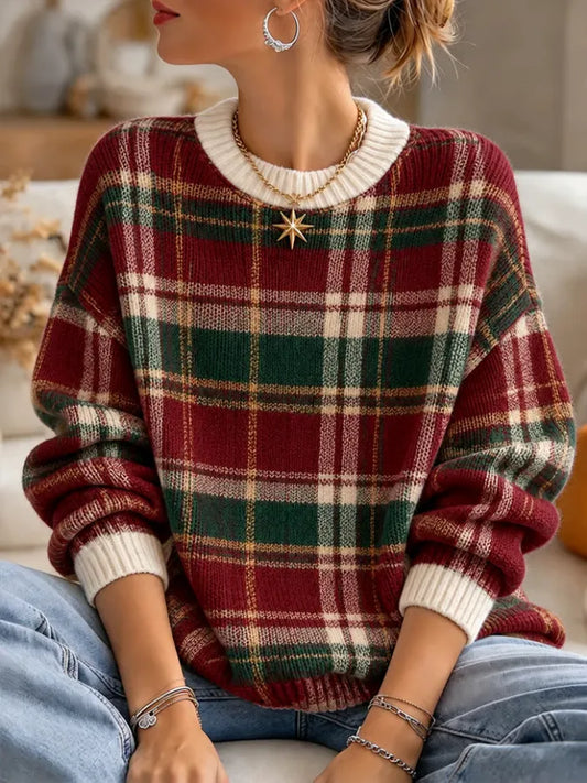 Women'S Christmas Plaid Art Pattern Comfortable Crew Neck Knit Sweatshirt