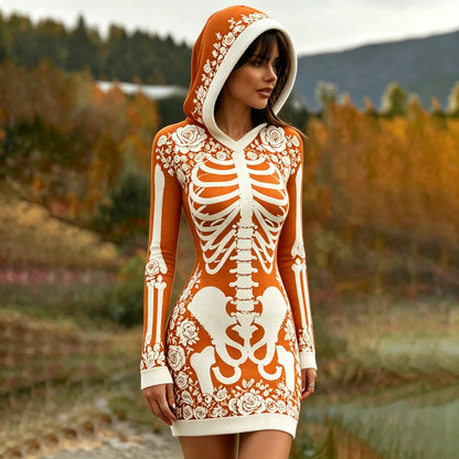 Women's Vintage Halloween Skeleton Bones With Rose Art Cozy Knit Hooded Sweater Dress