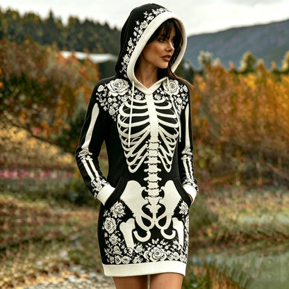 Women's Vintage Halloween Skeleton Bones With White Rose Art Hoodie Dress