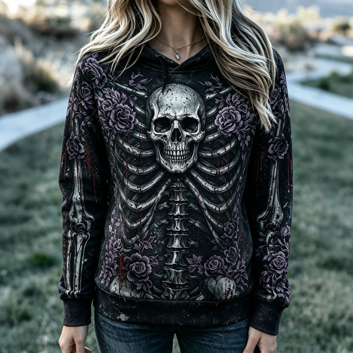 Women’s Goth Skeleton Floral Print Flare Pants
