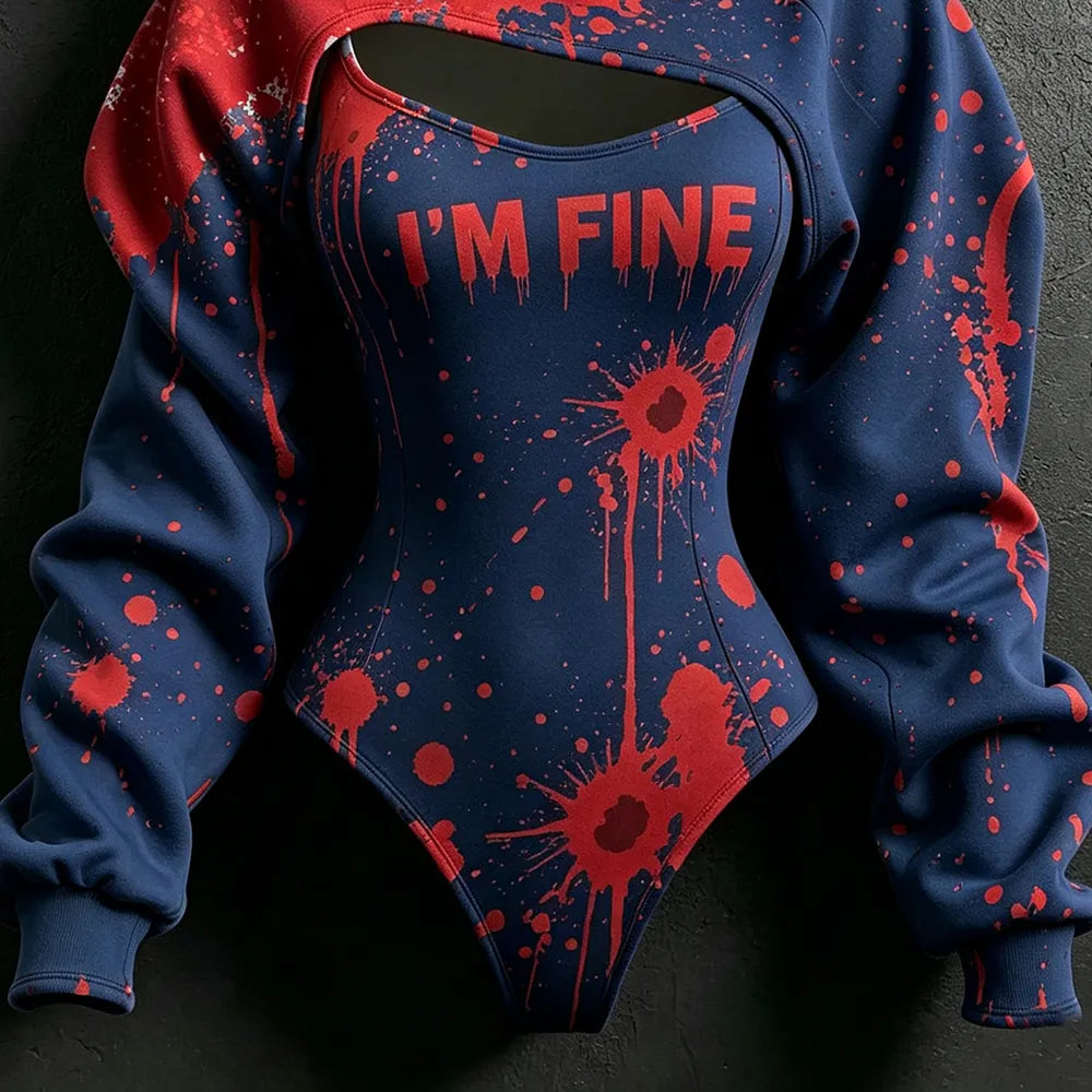 Women's Retro Halloween Bloodstain I'm Fine Print Hoodie Two-piece Set