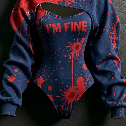 Women's Retro Halloween Bloodstain I'm Fine Print Hoodie Two-piece Set