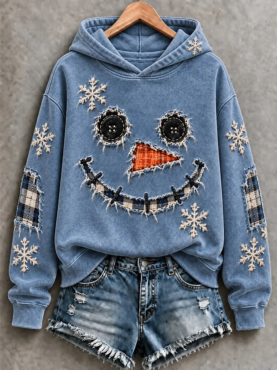 Cute Snowman Face Button & Plaid Patchwork Blue Distressed Hoodie