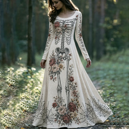 Women's Retro Halloween Gothic Skeleton And Floral Pattern Crew Neck Dress