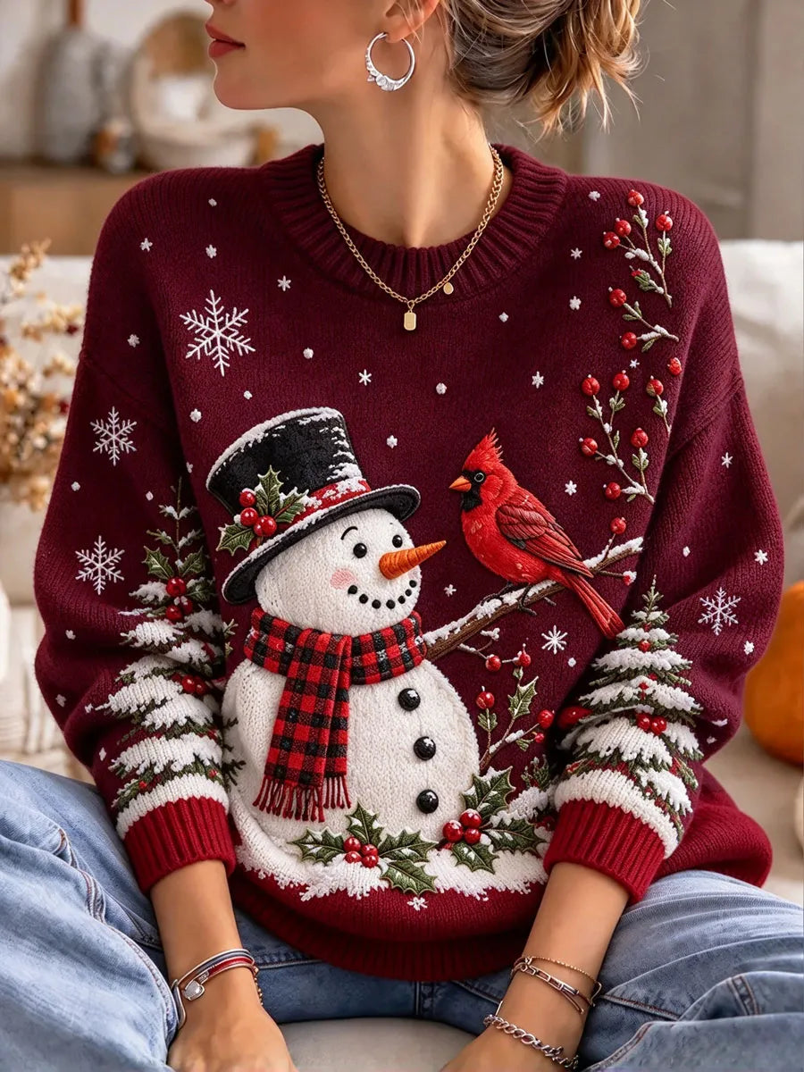 Ladies' Christmas Snowman Pattern Casual Knitted Shirt