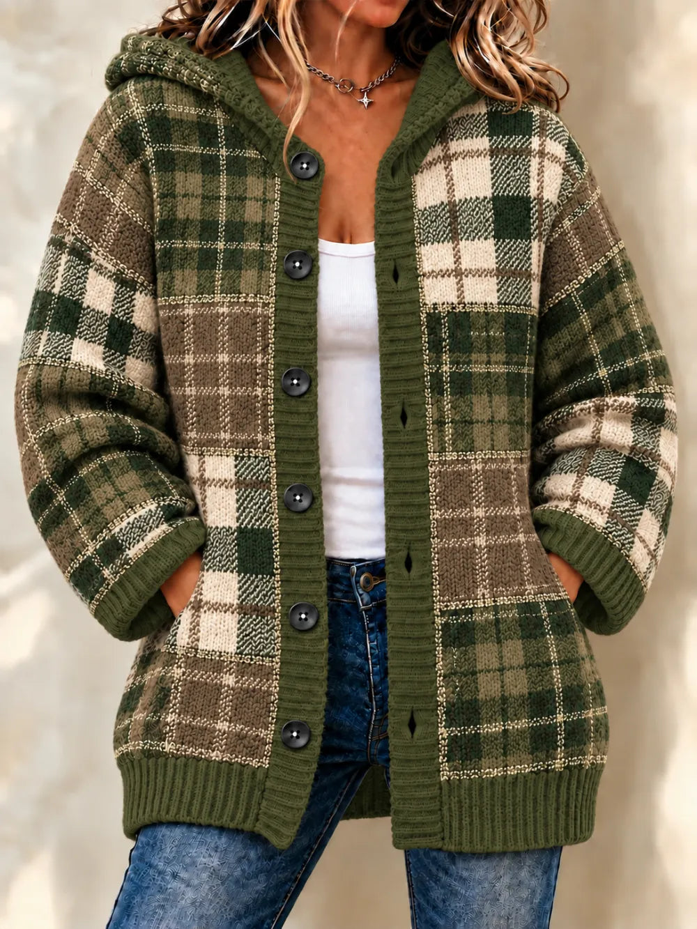 Women'S Grid Casual Hooded Long Cardigan