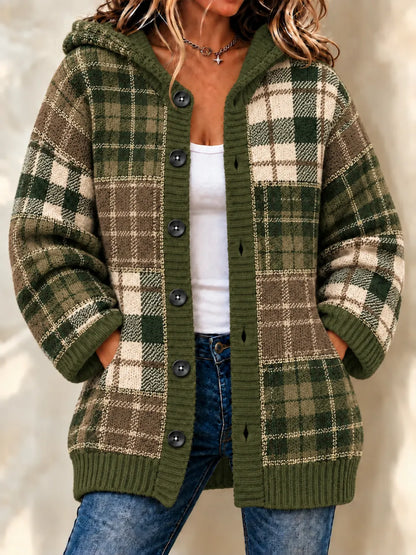 Women'S Grid Casual Hooded Long Cardigan
