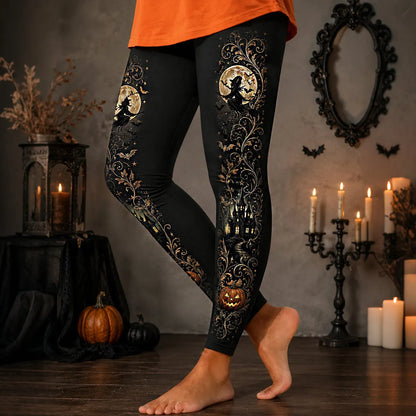 Women's Halloween Retro Casual Witch Pumpkin Castle Print Pants
