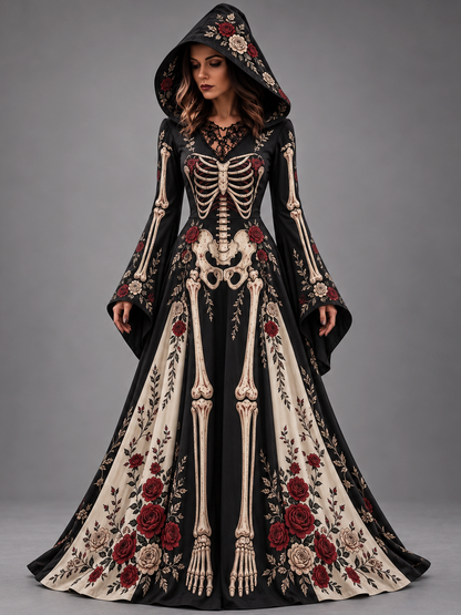 Women's Halloween Gothic Skeleton & Rose Floral Color Blocking Long-sleeve Hooded Long Dress