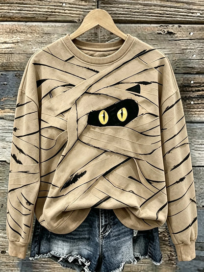 Women's Halloween Cute Mummy Black Cat Cartoon Style Print Casual Sweatshirt