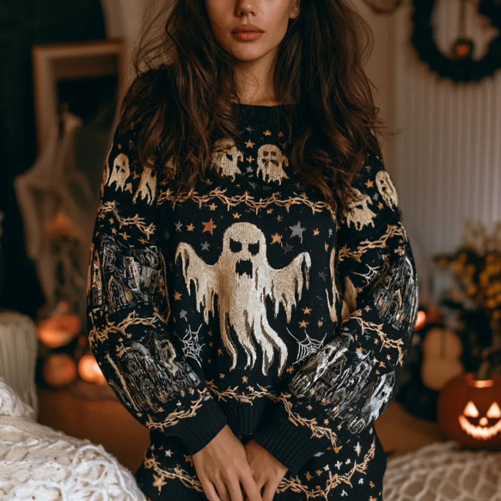 Women's Halloween Spooky Ghost Theme Art Knit Vintage Crewneck Sweater