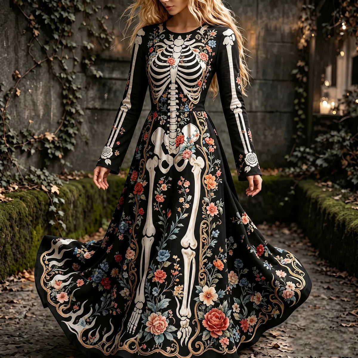 Women's Vintage Halloween Skeleton And Floral Art Print Crew Neck Long Sleeve Maxi Dress