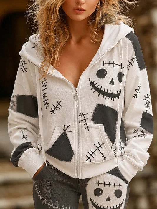 Halloween Horror Smiley Face Patchwork Stitched Comfortable Black And White Color-block Casual Hoodie