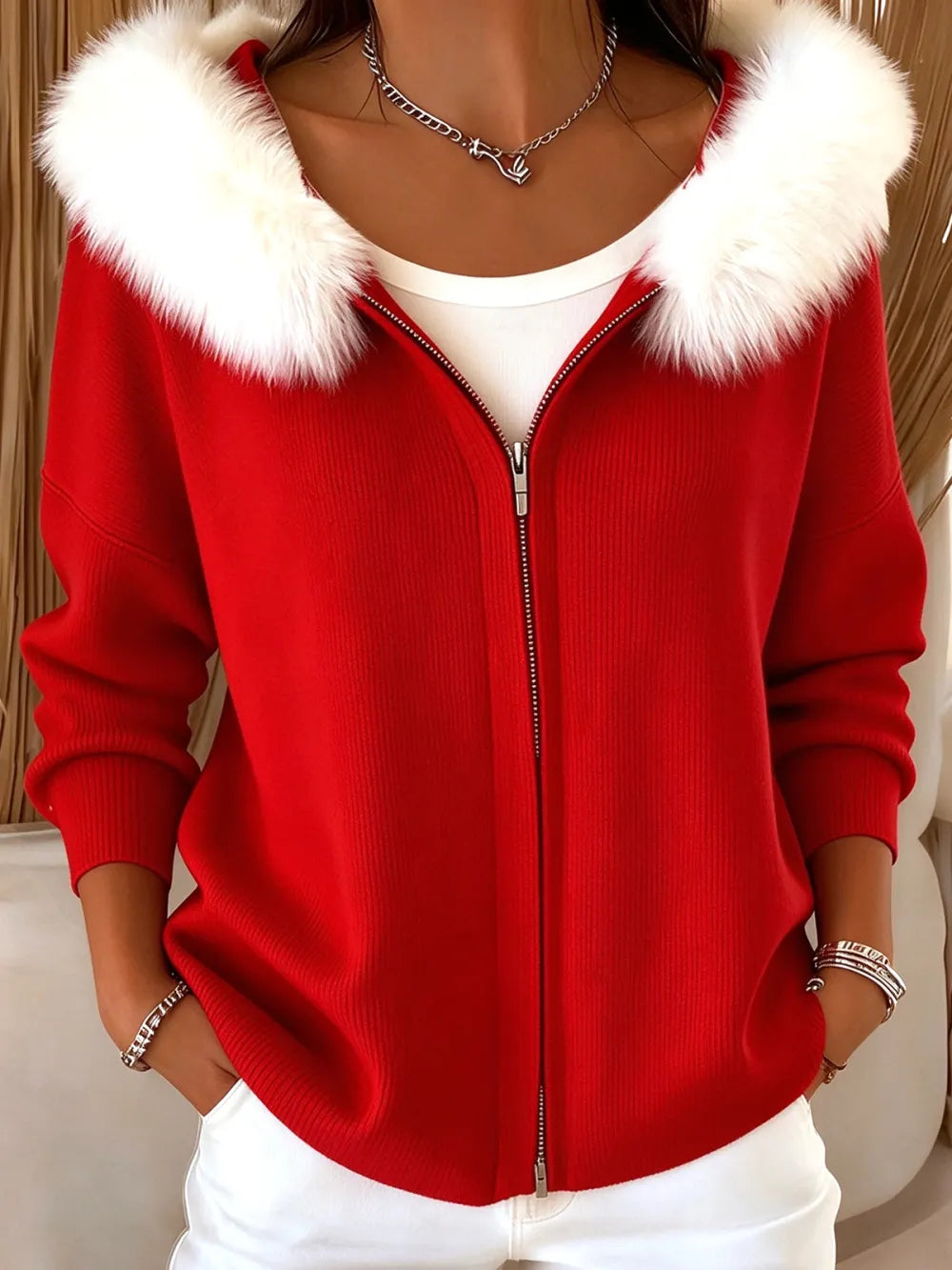 Women’s Christmas-Themed Knitted Zip-Up Cardigan