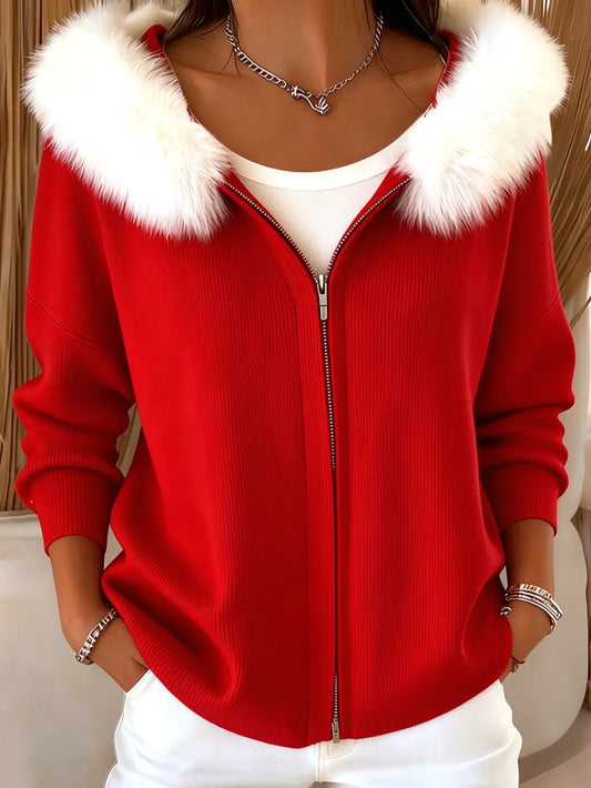 Women’s Christmas-Themed Knitted Zip-Up Cardigan