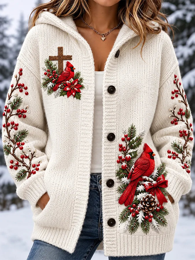 Women'S Christmas Snowman North American Cardinals Hooded Cardigan